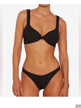 Hunza G Juno Bikini Set Black & Gold Knotted Crinkle One Size Stretchy Swim